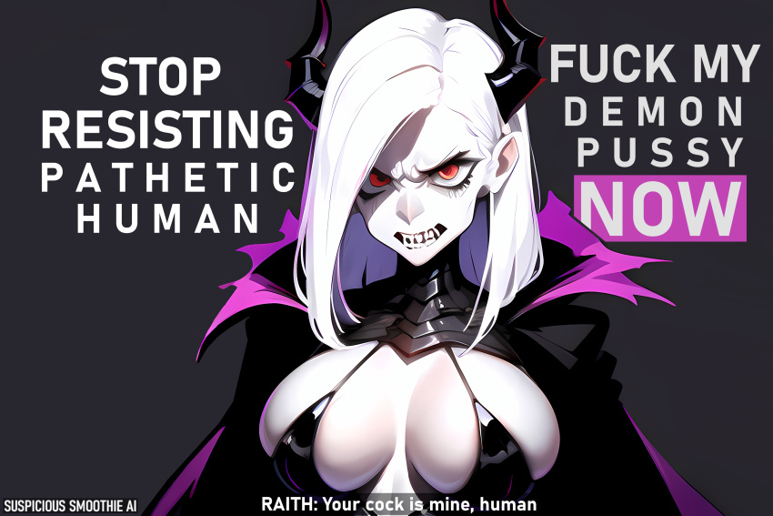 1girls 2023 ai_generated angry angry_face annoyed annoyed_expression armor begging begging_for_sex big_breasts black_clothing bra breasts busty cape caption clothed clothed_female clothes clothing demon demon_girl demon_horns demoness dialogue dominant dominant_female domination edit edited english_text eyebrows eyelashes eyeshadow female female_focus female_only femdom focus_on_chest forceful glaring glowing_eyes grey_background halloween halloween_2023 horns large_breasts leather_topwear looking_at_viewer monster_girl nipples_visible_through_clothing original original_character pale-skinned_female pale_skin purple_clothing purple_fur raith_(susmai) red_eyes sharp_teeth short_hair simple_background skimpy skimpy_armor skimpy_bikini skimpy_clothes solo solo_female solo_focus succubus suspicious_smoothie_ai talking talking_to_viewer tease teasing teasing_viewer teeth teeth_clenched teeth_showing text text_box text_focus text_on_clothing thick_eyebrows white_body white_hair white_skin white_text