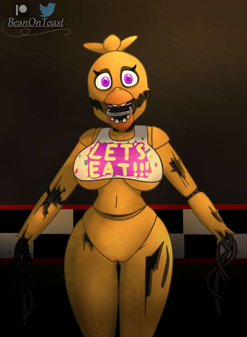 beanontoast bib breasts five_nights_at_freddy's five_nights_at_freddy's_2 looking_at_viewer no_hands no_nipples nudity solo withered_chica