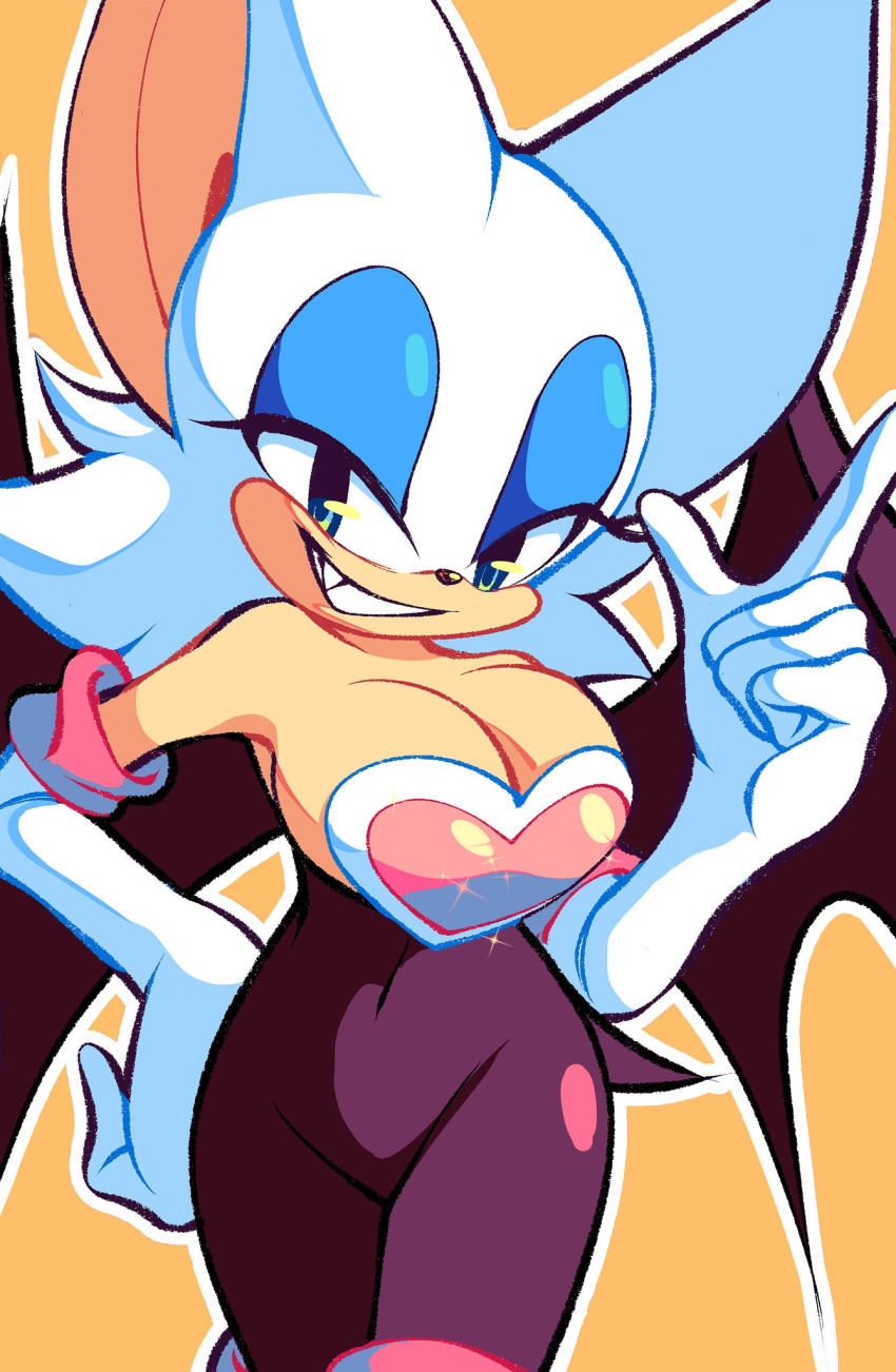 1girls anthro bat blue_eyes blue_eyeshadow breasts chiropteran cleavage elbow_gloves eyeshadow female furry furry_female gloves nan0lovesyou rouge_the_bat seductive_look seductive_smile sharp_teeth smile solo solo_female sonic_(series) sonic_the_hedgehog_(series) tight_clothing white_hair wings yellow_background