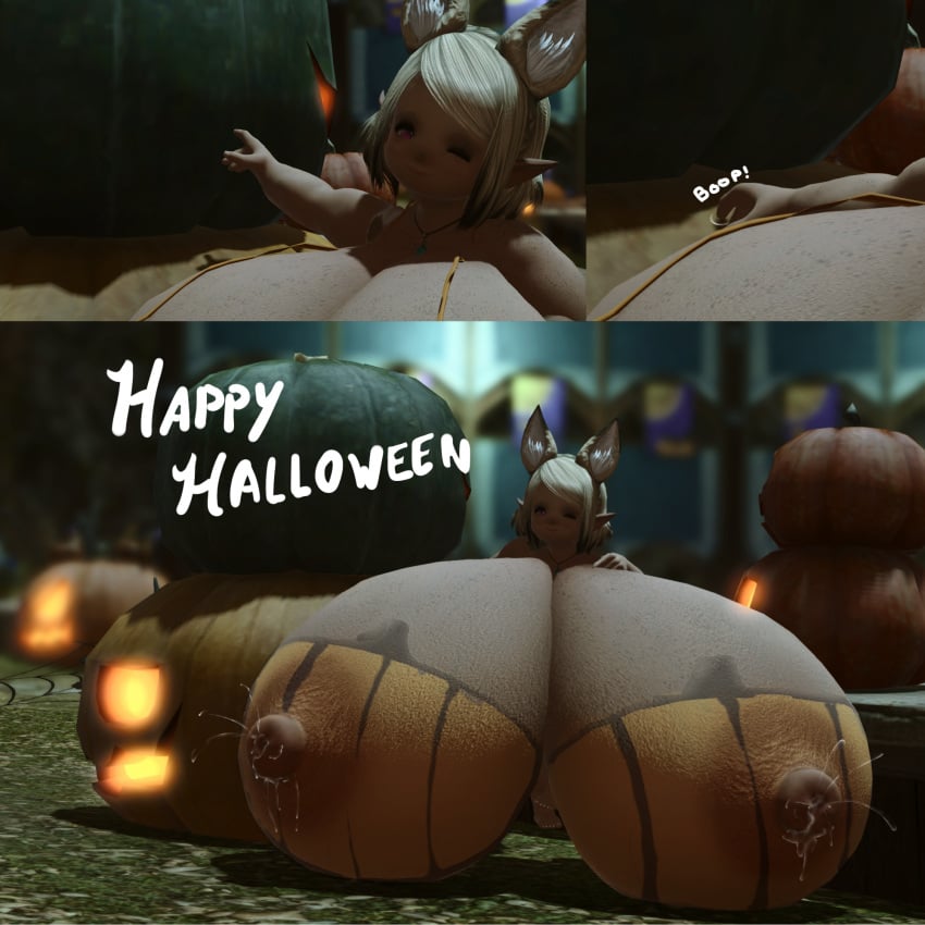 artist_request big_breasts bikini blonde_hair breast_expansion breasts comic_page dark-skinned_female dark_skin expansion exposed_breasts female female_only final_fantasy final_fantasy_xiv gpose(ffxiv) growth_sequence halloween heart_pubes hips hips_wider_than_shoulders lactating lactation lalafell milk painted_breasts plump pumpkin pumpkin_boobs purple_eyes raraka_raka screenshot screenshot_edit sequence shortstack smiling_at_viewer solo_female tummy wide_hips winking_at_viewer