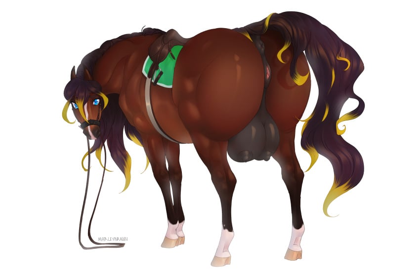 absurd_res anatomically_correct anatomically_correct_genitalia anatomically_correct_pussy animal_genitalia animal_pussy anus ass big_butt big_crotchboobs big_udders black_anus black_nipples black_pussy blue_eyes bridle brown_body brown_fur brown_hair crotchboobs equid equine equine_anus equine_genitalia equine_pussy female feral fur genitals hair hi_res hooves horse looking_at_viewer looking_back looking_back_at_viewer mammal marleybraun nipples puffy_anus pussy rear_view reins saddle simple_background solo udders white_background