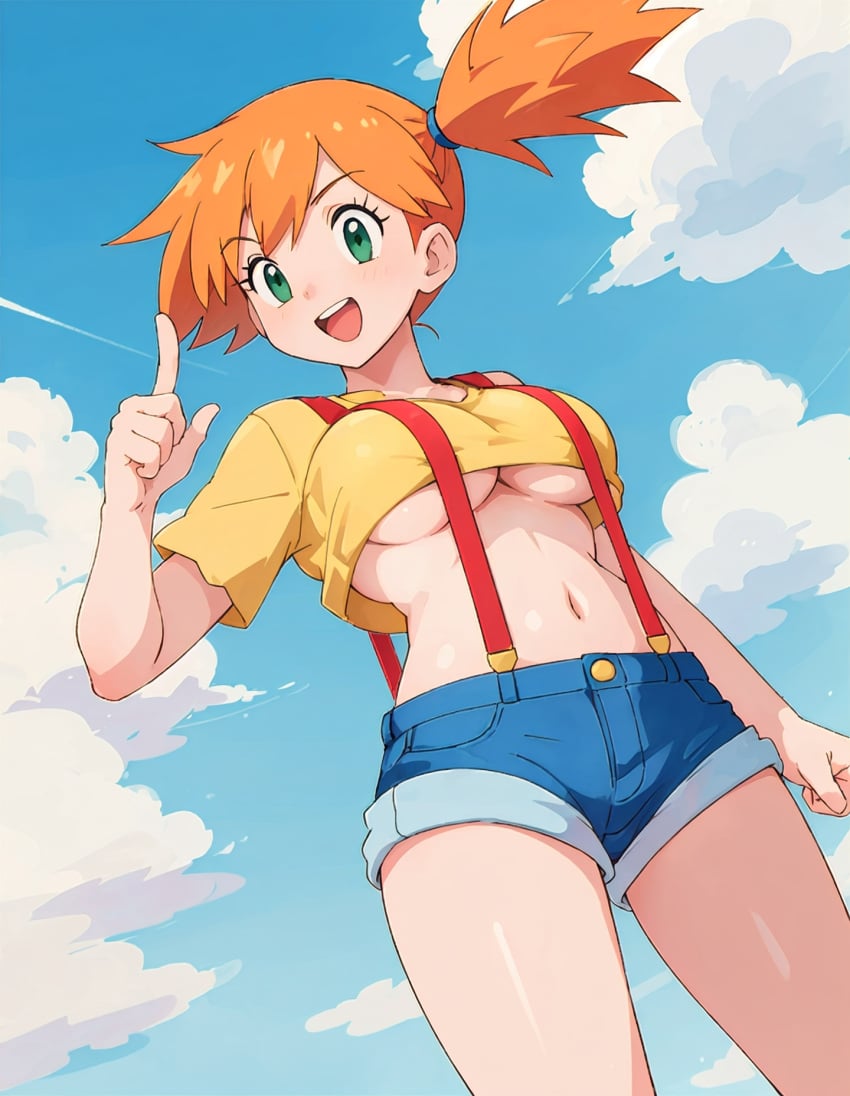 1girls 2020s 2023 :d ai_generated big_breasts blue_shorts breasts denim_shorts female female_focus female_only girl green_eyes index_finger_raised kasumi_(pokemon) looking_at_viewer navel no_bra open_mouth orange_hair outdoors pointing pointing_up pokemon ponytail red_suspenders short_shorts shorts side_ponytail smile solo solo_female solo_focus standing suspender_shorts suspenders teeth tied_hair toned toned_female underboob