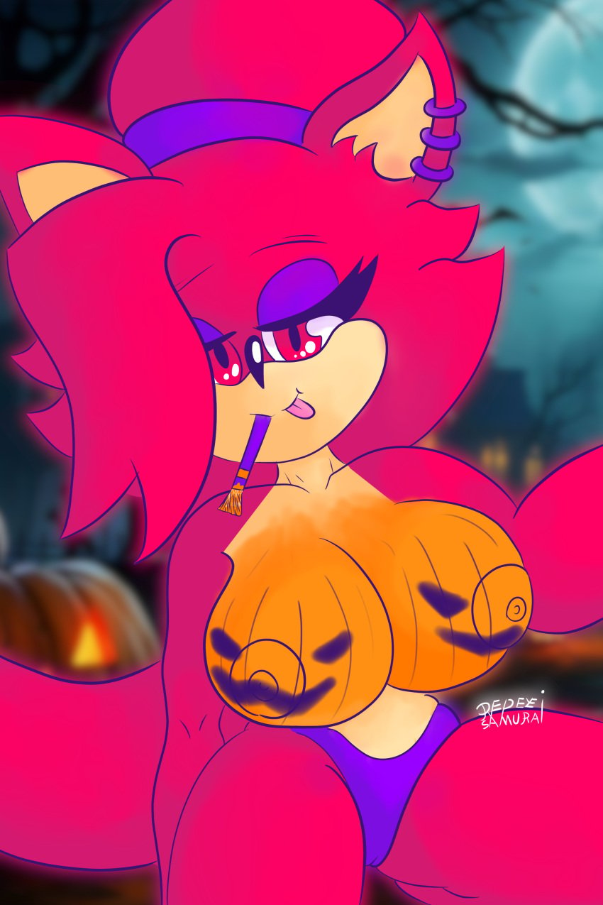 absurd_res anthro asami_the_cat big_breasts bottomwear breasts clothing digital_media_(artwork) drawing ear_piercing fan_character female food fruit fur hair halloween hi_res holidays humanoid long_hair looking_at_viewer nipples paint painting pants piercing plant pose pumpkin red_body red_eyes red_fur red_hair redeye_samurai_(artist) sega smile solo sonic_(series) sonic_the_hedgehog_(series)