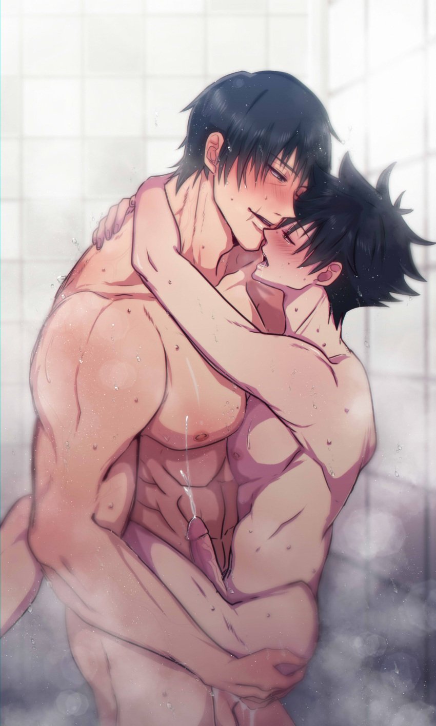 1boy 1male anal anal_sex big_breasts big_penis black_hair crimson_poison cum dad_and_son dad_fucking_son daddy fushiguro_megumi gay green_eyes incest jujutsu_kaisen male/male male_only naked shower shower_sex size_difference thin_waist toji_fushiguro veins yaoi