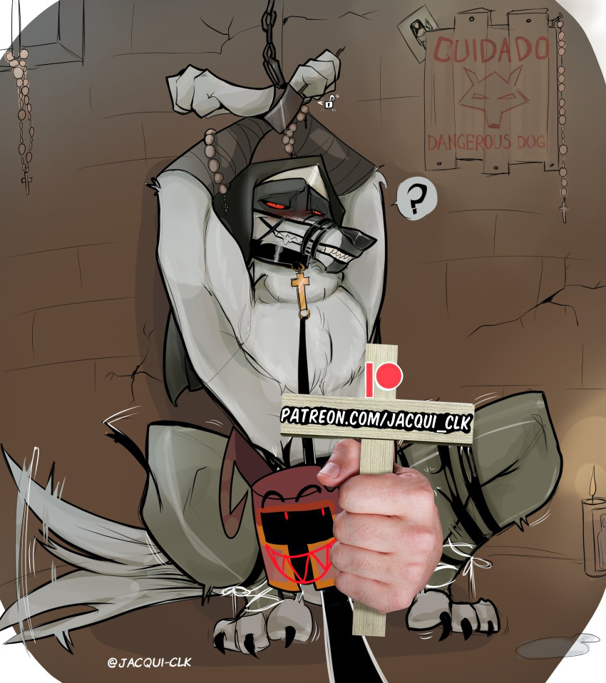 absurd_res anthro armband armwear barefoot black_claws black_nose black_pupils black_sclera blush blush_lines bound candle canid canine canis censor_bar censored censored_genitalia censored_penis chain_leash chained chained_up chains claws clothed clothing collar cross crossdressing crouching cuff_(restraint) death_(puss_in_boots) dreamworks english_text facial_markings feet fire fist fluffy fur grey_body grey_fur grin half-closed_eyes half_clothed half_naked handcuffed handcuffs head_markings hi_res inside jacqui_clk leash leashed_collar liquid looking_at_viewer male mammal markings mask_(marking) metal_cuffs narrowed_eyes no_shoes pupils puss_in_boots_(dreamworks) puss_in_boots_the_last_wish question_mark red_eyes restraints shadow sharp_claws sharp_teeth sign signature smile smirk solo spread_legs spreading string tail tail_motion tailwag teeth text undressed wall_(structure) white_body white_fur white_pupils window wolf