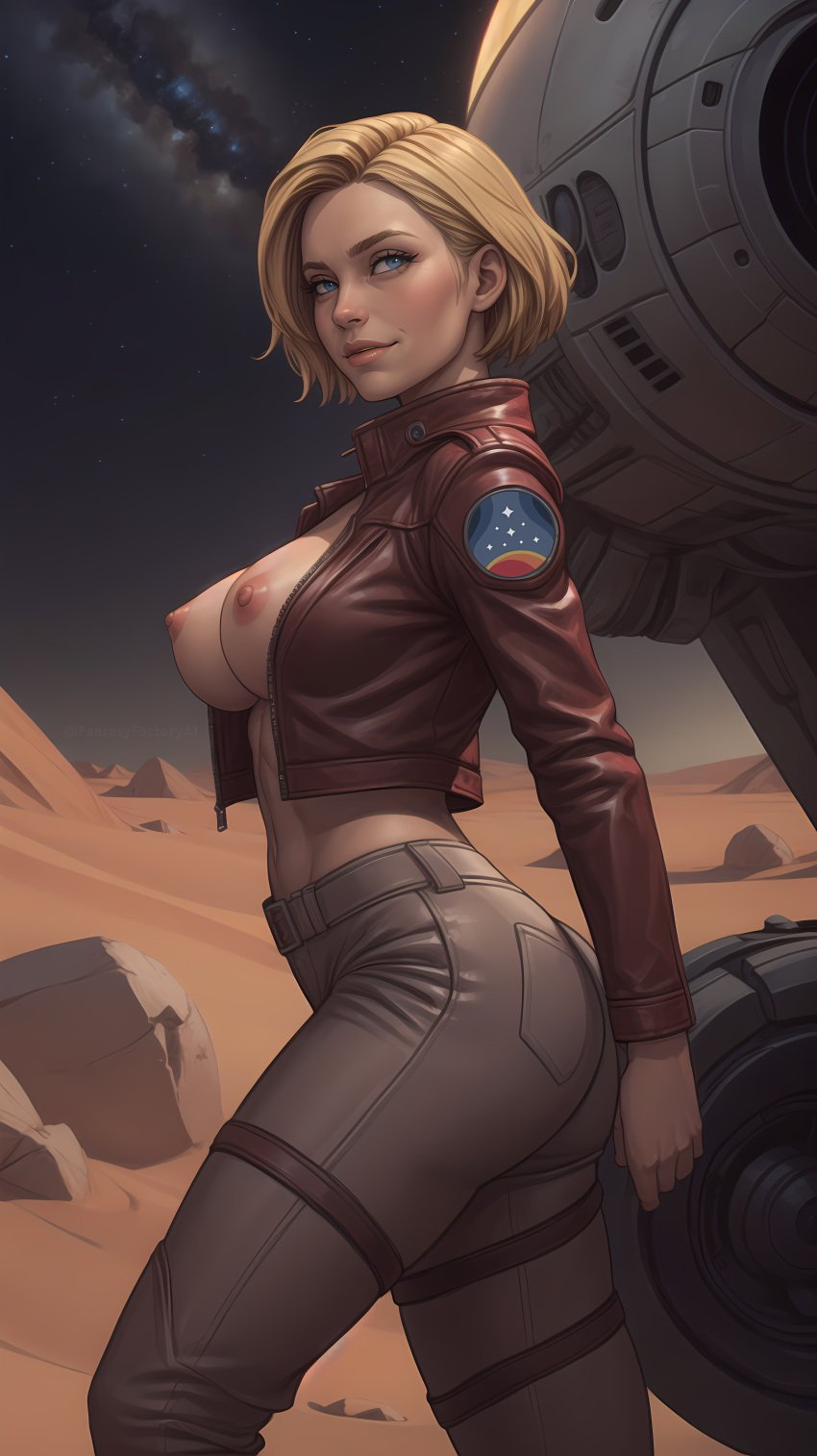 ai_generated ass blonde_hair blue_eyes breasts busty casual_nudity exhibitionism exposed_breasts functionally_nude large_ass large_breasts looking_at_viewer midriff no_bra open_clothes open_jacket open_shirt partially_clothed sarah_morgan space starfield