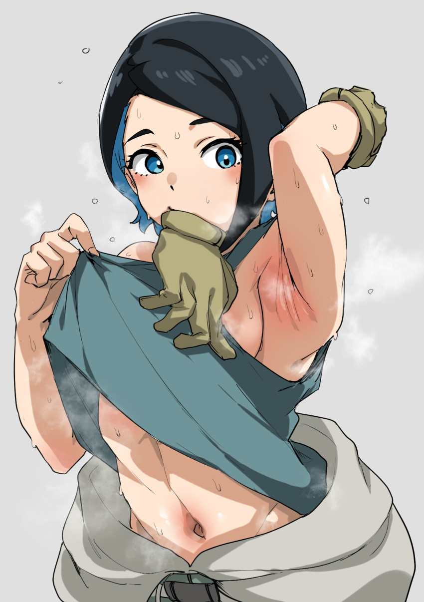 1girls armpit armpits atamadarurun belly belly_button black_hair blue_eyes blue_hair character_request dark_hair female female_only glove_in_mouth gloves gundam gundam_suisei_no_majo light-skinned_female light_skin nika_nanaura pulling_clothing sexy_armpits shirt_lift shirt_only steam steaming steamy_armpits sweat sweating sweaty tummy