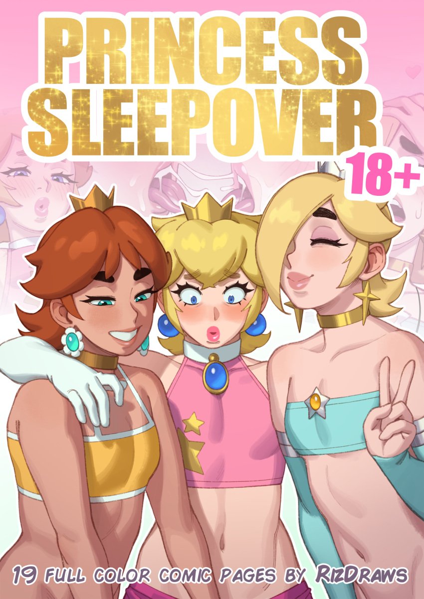 3boys absurdres ahe_gao ahegao arm_around_shoulder bandeau blonde_hair blue_eyes blush choker closed_eyes closed_mouth collarbone comic_cover commentary content_rating cover cover_page cropped_shirt crossgender crown cum cum_in_mouth cute_face cute_male detached_sleeves double-parted_bangs doujin_cover earrings elbow_gloves english_commentary english_text eyes_closed femboy feminine_male ftm_crossgender gay gay_male gay_orgy gay_sex genderbend genderbent genderswap genderswap_(ftm) girly gloves gold_choker green_eyes hair_covering_eye hair_over_one_eye highres homosexual homosexual_sex jewelry lips long_sleeves looking_down male male_focus male_only mammal mario_(series) medium_hair mini_crown multiple_boys multiple_views navel nintendo one_eye_covered one_eye_obstructed orange_sports_bra orgasm orgasm_face otoko_no_ko otokonoko out-of-frame_censoring parted_bangs pink_lips pretty_boy prince_apricot prince_darcy prince_ronaldo princess_daisy princess_peach princess_rosalina rizdraws rule_63 shirt short_hair sleeveless sleeveless_shirt sports_bra stomach thick_eyebrows trio upper_body v white_gloves yaoi