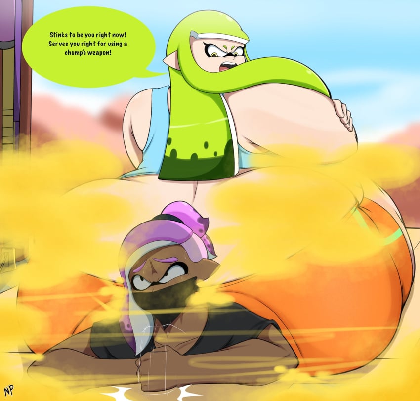 1boy 1boy1girl 1girls 2023 alternate_version_available angry angry_face bbw big_ass chubby chubby_female clothed dark-skinned_male dark_skin dialogue english_text fart fart_cloud fart_fetish fart_torture farting green_hair huge_ass inkling inkling_boy inkling_girl light-skinned_female looking_back natalie natalie(nataliebum25) nataliebum25 nintendo pink_hair sidebelly sitting sitting_on_person speech_bubble splatoon splatoon_(series) splatoon_3 sweat sweating thick_ass thick_thighs yellow_eyes