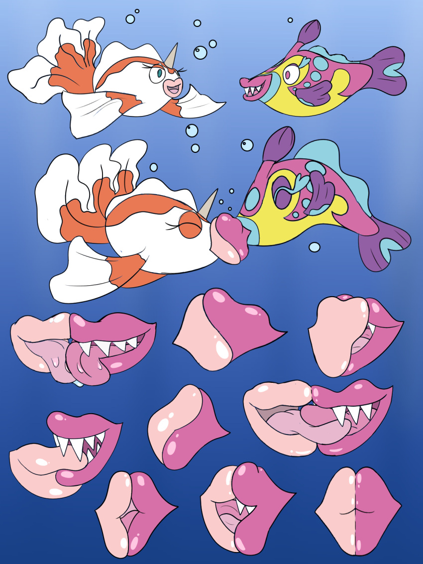 big_lips biting_lip bruxish deep_kissing disembodied_lips disembodied_mouth feral feral_only fish floating_lips french_kiss french_kissing goldeen happy kiss_on_lips kissing lips long_tongue makeout marine mepwep nibbling no_humans passionate passionate_kiss pokemon pokemon_(species) saliva sharp_teeth sloppy_kiss thick_lips tongue_kiss tongue_licking underwater yuri