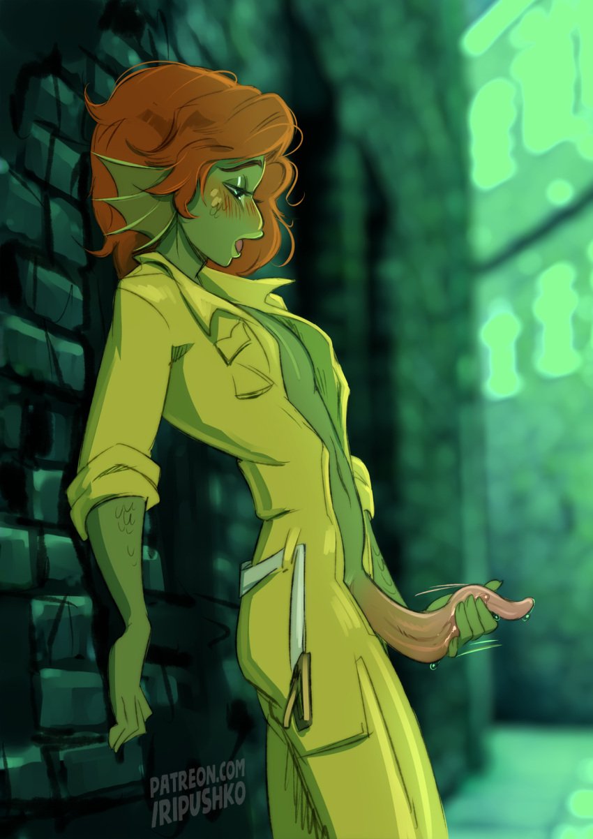 1boy alternate_species anthro april_o'neil april_o'neil_(mutant) april_o'neil_(tmnt_1987) blush ear_fins erectile_dysfunction femboy feminine_male fin_ears genderswap genderswap_(ftm) green_skin holding_own_penis holding_penis impotent jumpsuit leaning_against_wall male male_only monster_boy open_jumpsuit open_mouth redhead ripushko rule_63 sleeves_rolled_up solo solo_male tagme teenage_mutant_ninja_turtles tentacle_penis tmnt_1987 unusual_penis yellow_jumpsuit