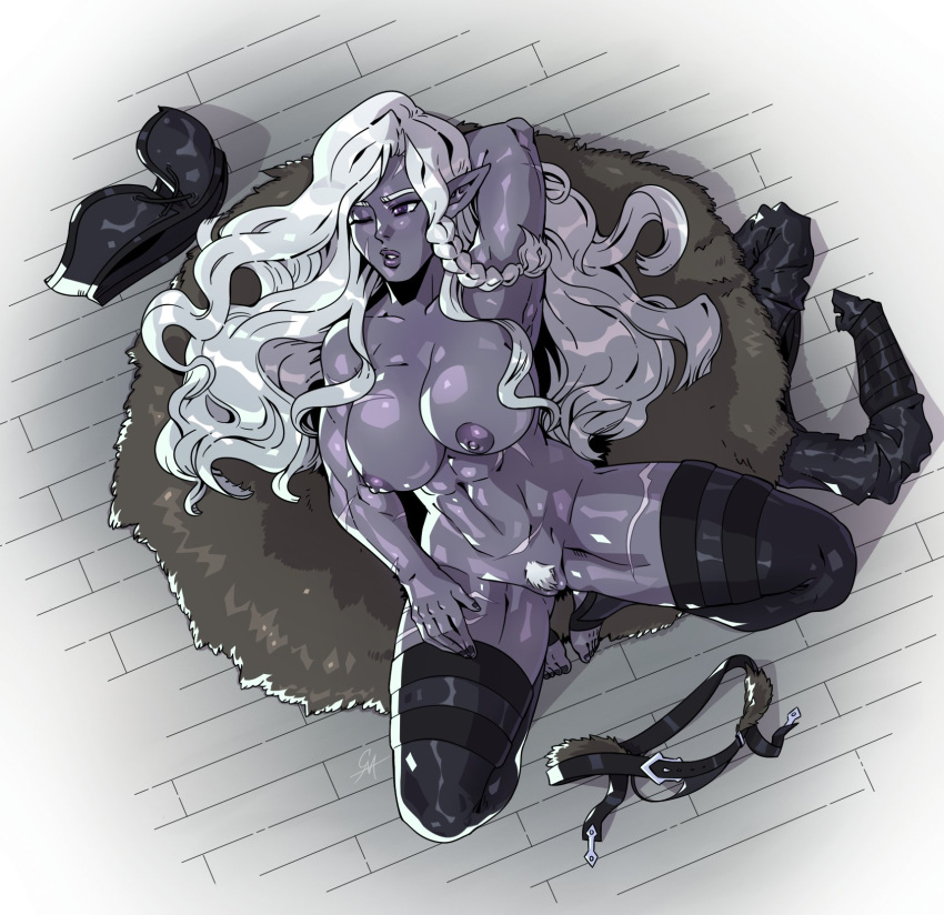 altered_artisar dark-skinned_female dark_skin drow goliath_(dungeons_and_dragons) laying_down long_hair nyx_(cliffpadfoot) pointy_ears scars thighhighs white_hair