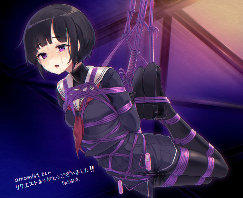 arms_behind_back black_footwear black_hair black_pantyhose black_shirt black_skirt blush bondage bound bound_arms bound_legs breasts chromatic_aberration commentary_request commission controller crotch_rope drooling female full_body half-closed_eyes highres idolmaster idolmaster_cinderella_girls indoors legs_together long_sleeves miniskirt neckerchief nose_blush open_mouth panties pantyhose pleated_skirt purple_eyes pussy_juice red_neckerchief remote_control remote_control_vibrator rope ryou@ryou sailor_collar saliva school_uniform serafuku sex_toy shibari_over_clothes shirayuki_chiyo shirt shoes short_hair sidelocks skeb_commission skirt small_breasts solo suspension sweat translation_request undershirt underwear vibrator vibrator_cord vibrator_under_clothes wet wet_clothes wet_panties wet_pantyhose white_sailor_collar