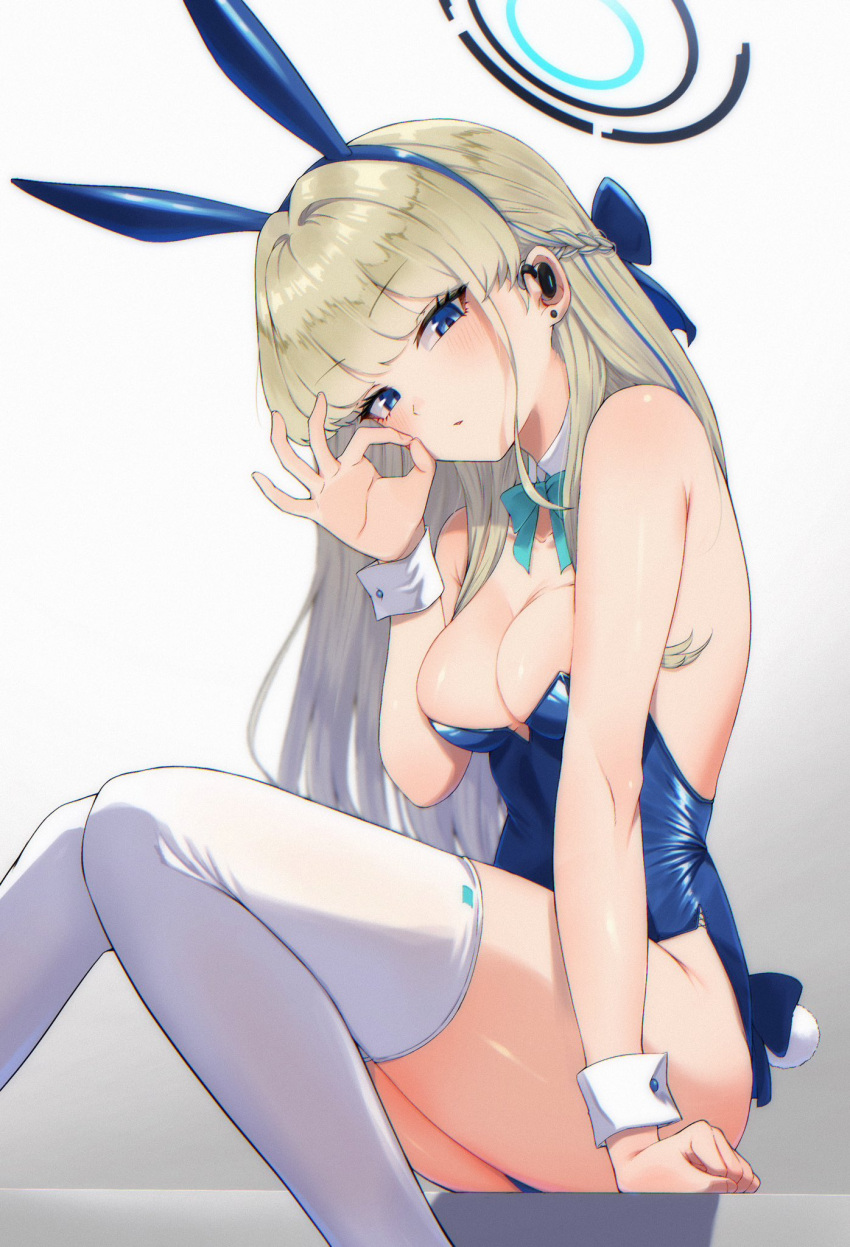 artist_request blonde_hair blue_archive blue_eyes bunny_ears bunny_girl bunnysuit earpiece fellatio_gesture female female_only medium_breasts millennium_science_school_student ok_sign petite shiny_clothes sitting tagme teenager thighs tight_clothing toki_(blue_archive) toki_(bunny)_(blue_archive)