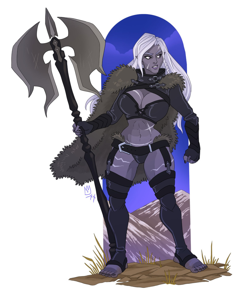 artist_request dark-skinned_female dark_skin drow dungeons_and_dragons goliath_(dungeons_and_dragons) large_breasts muscle_girl nyx_(cliffpadfoot) pointy_ears purple_eyes scars source_request thighhighs white_hair