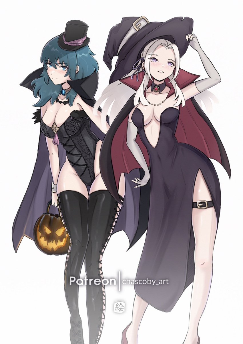 2023 2girls alternate_costume artist_name blue_eyes blue_hair breasts byleth_(fire_emblem) byleth_(fire_emblem)_(female) cape chascoby choker cleavage edelgard_von_hresvelg female female_only fire_emblem fire_emblem:_three_houses gloves hair_between_eyes hair_ornament hair_ribbon halloween highres jack-o'-lantern large_breasts light-skinned_female light_skin nintendo plain_background purple_eyes stockings thick_thighs thighhighs watermark white_background white_hair witch_hat wrist_cuffs