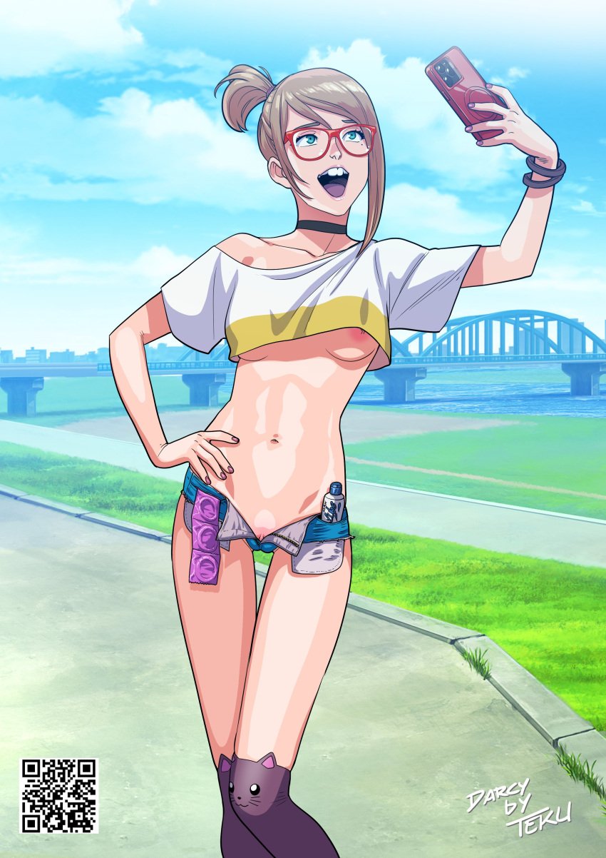 1girl 1girls andavaverse cityscape clitoris clitoris_slip condom_packet_strip condoms crop_top darcy_redd female female_only glasses glasses_on_head hand_on_hip hotpants human human_female knee_socks kneesocks long_legs lube_bottle mini_short nipple_slip partially_visible_vulva public public_indecency purple_socks pussy_peek red_glasses revealing_clothes river selfie_pose short_shorts skimpy_clothes smartphone solo solo_female tagme tekuho unbuttoned_shorts underboob