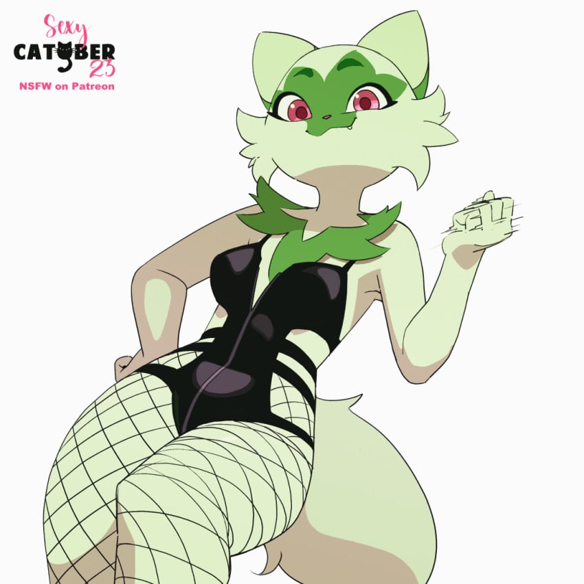 2023 2023s 2d_animation animated anthro biped black_clothing breasts cat_ears cat_girl catgirl catober catober_2023 clothing fang fang_out felid feline felis feliscede female fishnet_legwear fishnet_socks fishnet_stockings fluffy_tail fur game_freak gen_9_pokemon generation_9_pokemon gesture green_body green_cat green_fur green_tail handjob handjob_gesture leotard looking_at_viewer nintendo pink_eyes pink_nose pokémon_(species) pokemon pokemon_(creature) pokemon_(franchise) pokemon_(game) pokemon_(species) pokemon_sv simple_background solo solo_female sprigatito suggestive suggestive_gesture white_background