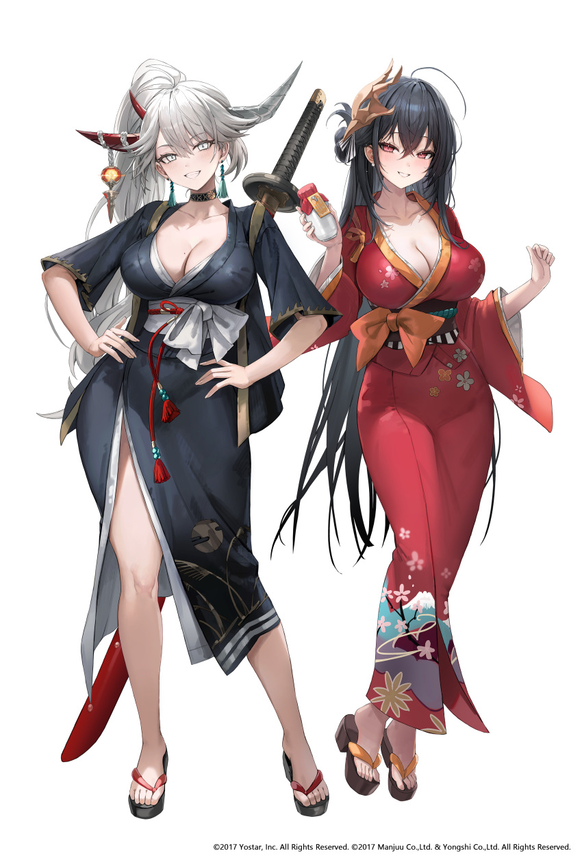 2girls absurdres alternate_costume azur_lane black_hair black_kimono breasts cleavage crossed_bangs earrings floral_print_kimono freng full_body grey_eyes hair_between_eyes hakuryuu_(azur_lane) hand_on_own_hip highres horns japanese_clothes jewelry kimono long_hair long_sleeves looking_at_viewer mole mole_on_breast multiple_girls official_art open_mouth ponytail print_kimono red_eyes red_kimono sidelocks simple_background smile sword taihou_(azur_lane) teeth weapon white_background white_hair wide_sleeves