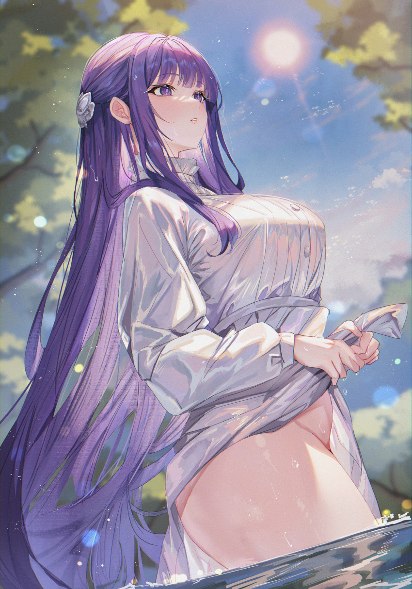 absurdres blue_sky blunt_bangs breasts cloud day dress dress_lift female fern_(sousou_no_frieren) highres large_breasts lifted_by_self long_hair no_panties outdoors parted_lips partially_submerged purple_eyes purple_hair shanguier sky solo sousou_no_frieren sun thighs water wet wet_clothes wet_dress wet_hair white_dress