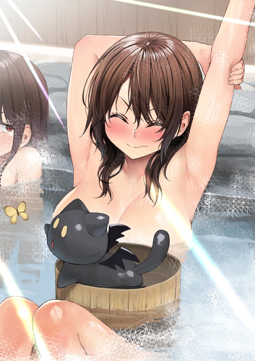 2girls animal arm_up armpits blush breast_envy breasts brown_hair bucket bug butterfly chomusuke closed_eyes closed_mouth convenient_censoring feline highres insects izawa_(bhive003) kono_subarashii_sekai_ni_shukufuku_wo! large_breasts long_hair megumin multiple_girls onsen sideways_glance solo_focus water yunyun_(konosuba)