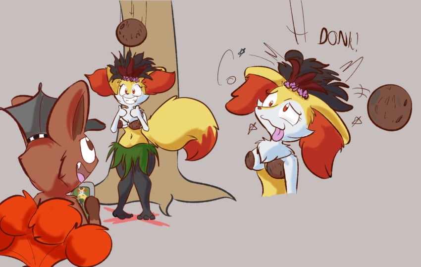 anthro braixen breasts coconut coconut_bra furry furry_female furry_only grass_skirt injury pokemon pokemon_(species) robbleu tribal vulpix