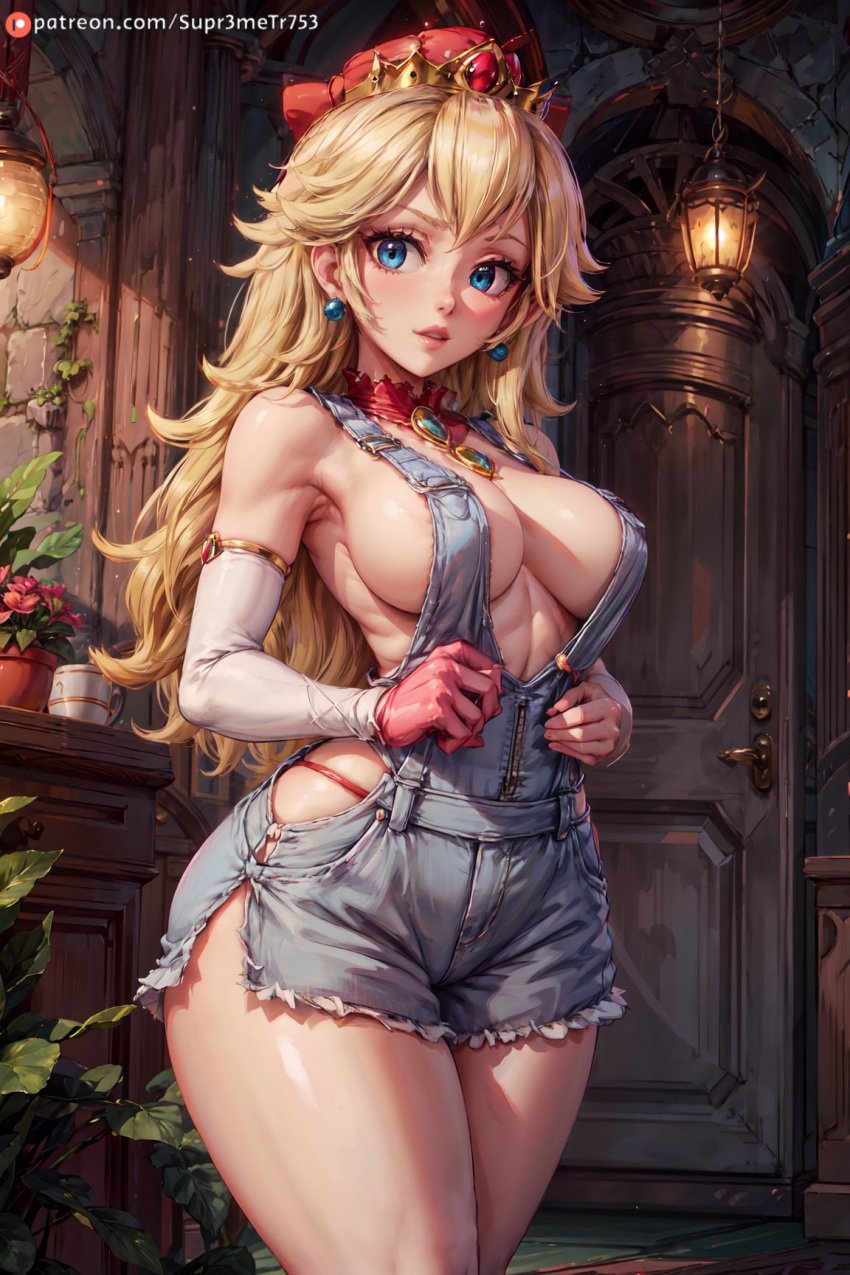 1girls ai_generated alternate_clothing alternate_costume apron apron_only armpits bare_shoulders big_breasts blonde_hair blue_eyes breasts cleavage clothing curvaceous curvy curvy_body curvy_female curvy_figure denim_clothing denim_overalls female female_only indoors large_breasts long_hair looking_at_viewer mario_(series) nintendo no_bra overalls plumber princess_peach revealing_clothes sideboob small_waist solo standing supr3metr thick_thighs thighs wide_hips work_clothes