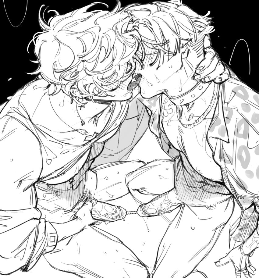 2boys black_and_white collar cross_earrings ear_piercing french_kiss french_kissing hair_over_eyes hand_around_neck male_only nipple_piercing open_mouth open_shirt original original_characters partially_clothed partially_clothed_male saliva sounding sounding_rod sounding_together spiked_collar sweat tongue tongue_kiss tongue_out trangtora wet_penis yaoi