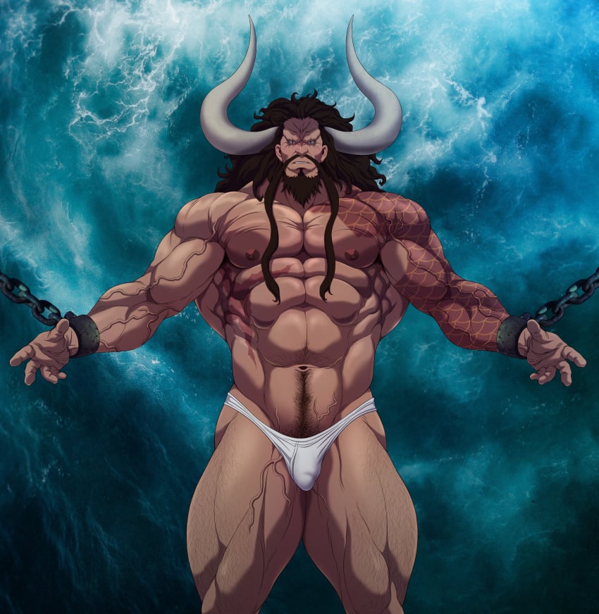 1boy abs bara beard beefy black_hair bulge chained_wrists chains facial_hair horns humanoid kaido_(one_piece) long_hair_male male male_nipples male_only male_thong masculine mature_male muscles muscular_male mustache no_visible_genitalia one_piece pecs penis_bulge ryans scar solo tattoo tattooed_arm underwear underwear_only veiny_muscles