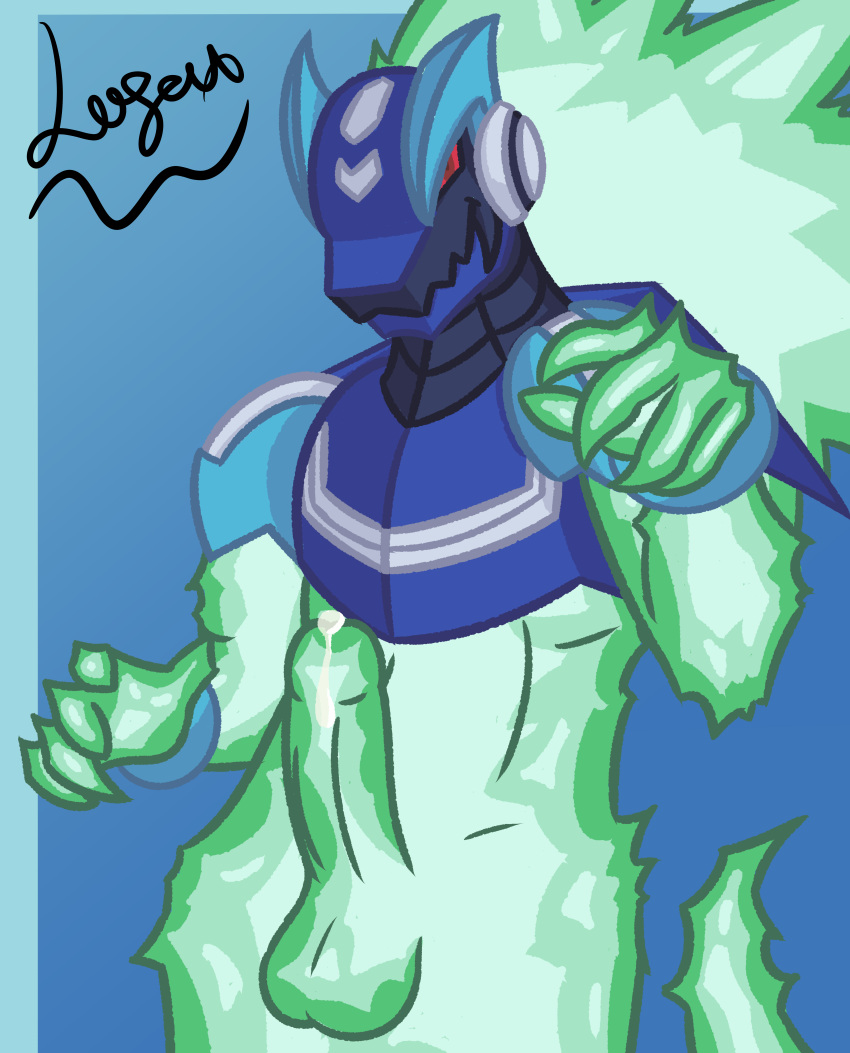 absurd_res anthro armor artist_request balls bodily_fluids capcom digital_drawing_(artwork) digital_media_(artwork) dripping electricity genital_fluids genitals hi_res leaking_precum logax52 machine male male_only mega_man_(character) mega_man_(series) metal metallic_body omega-xis penis precum precum_drip precum_string solo