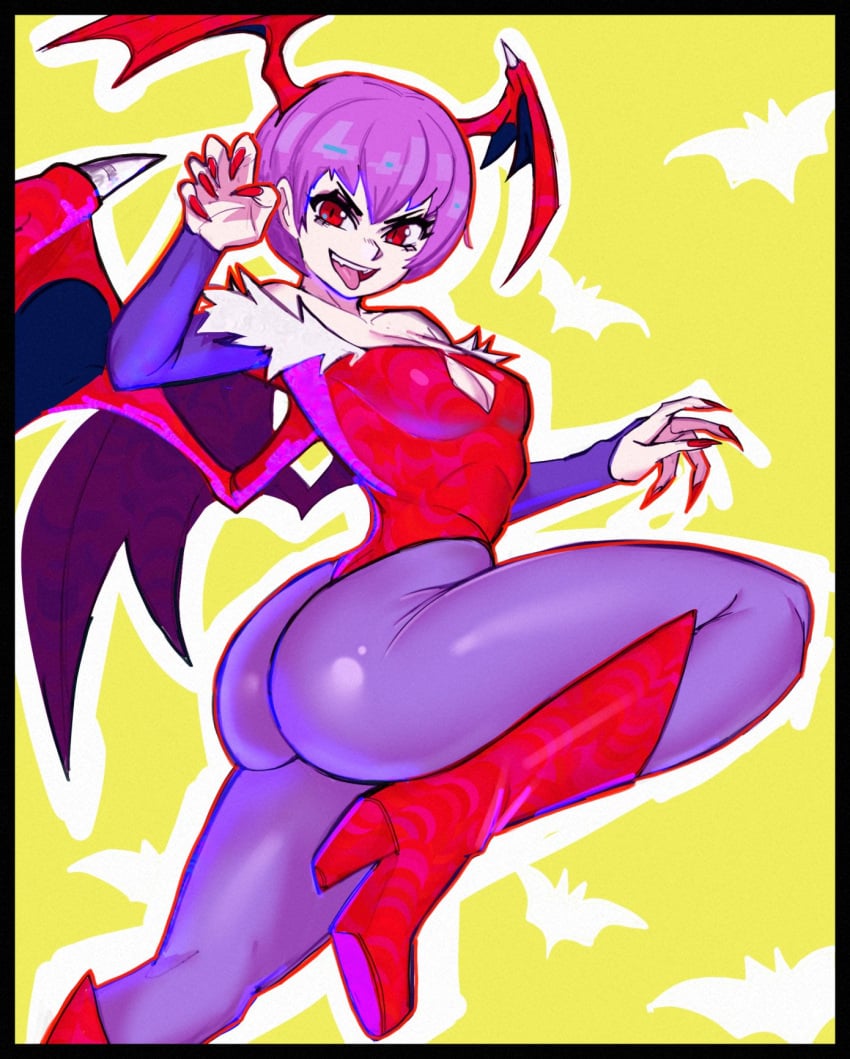 1girls ass bent_leg capcom clothing darkstalkers female female_only flat_chest gauntlets head_wings heel_boots hi_res leotard lilith_aensland looking_at_viewer pantyhose picote purple_hair purple_pantyhose red_eyes red_fingernails sharp_fingernails side_view small_breasts smiling smiling_at_viewer solo succubus succubus_wings tongue_out wings