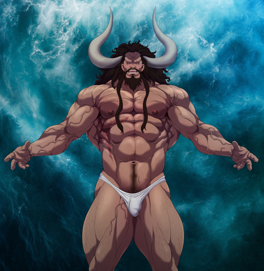 1boy abs bara beard beefy black_hair bulge facial_hair horns humanoid kaido_(one_piece) long_hair_male male male_nipples male_only male_thong masculine mature_male muscles muscular_male mustache no_visible_genitalia one_piece pecs penis_bulge ryans scar solo underwear underwear_only veiny_muscles