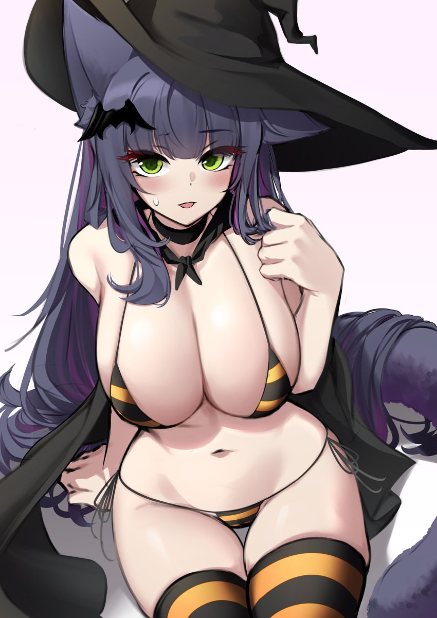 1girls animal_ear_fluff animal_ears arknights arm_support bare_shoulders bat_ornament belly belly_button big_breasts big_thighs bikini black_hair blush busty cape cat_ears cat_girl cat_tail cleavage cloak collar collarbone curvaceous curvy cute female female_only giant_breasts gigantic_breasts green_eyes hair_ornament halloween halloween_costume huge_breasts huge_thighs jessica_(arknights) k0ng large_breasts large_thighs legs light-skinned_female light_skin long_breasts looking_at_viewer massive_breasts massive_thighs micro_bikini midriff navel one_ear_down open_mouth playing_with_hair purple_hair seductive seductive_gaze seductive_look seductive_pose shiny_breasts shiny_legs shiny_skin sitting skindentation solo solo_female stomach striped_legwear sweatdrop thick_legs thick_thighs thighs two_tone_hair very_long_hair voluptuous witch_costume witch_hat