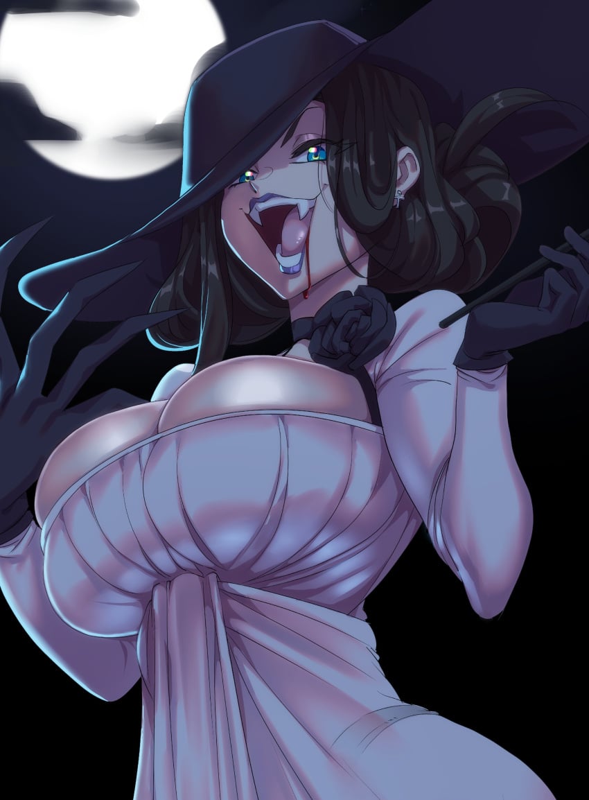 1girls absurd_res alcina_dimitrescu_(cosplay) big_breasts black_hair blood blue_eyes capcom cosplay dress fangs female female_only indie_virtual_youtuber large_hat light-skinned_female light_skin looking_at_viewer mage_vivika nisego open_mouth purple_lipstick resident_evil resident_evil_8:_village sharp_claws smiling smiling_at_viewer solo virtual_youtuber