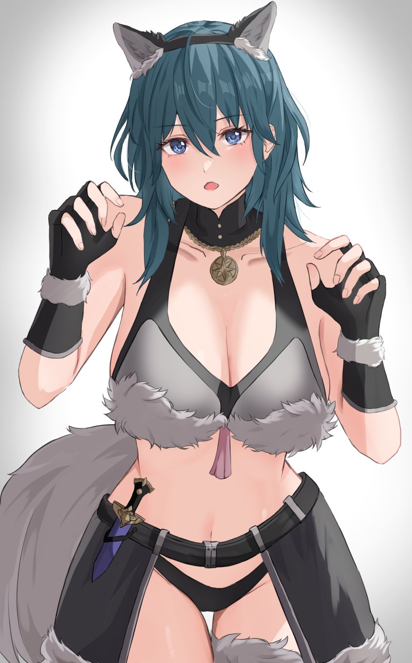 1girls 2023 absurdres alternate_costume animal_ears arms_up bare_midriff bare_shoulders bare_thighs belt black_gloves black_panties blue_eyes blue_hair bra breasts byleth_(female)_(fire_emblem) byleth_(fire_emblem) byleth_(fire_emblem)_(female) choker cleavage collarbone dagger fake_animal_ears female female_only fingerless_gloves fire_emblem fire_emblem:_three_houses fur-trimmed_bra fur_trim gloves hair_between_eyes halloween highres jewelry knife large_breasts light-skinned_female light_skin looking_at_viewer midriff navel nintendo open_mouth panties parted_lips peli_cantaro pendant plain_background shoulders solo tail teal_hair thighs underwear weapon white_fur wolf_ears wolf_girl wolf_tail