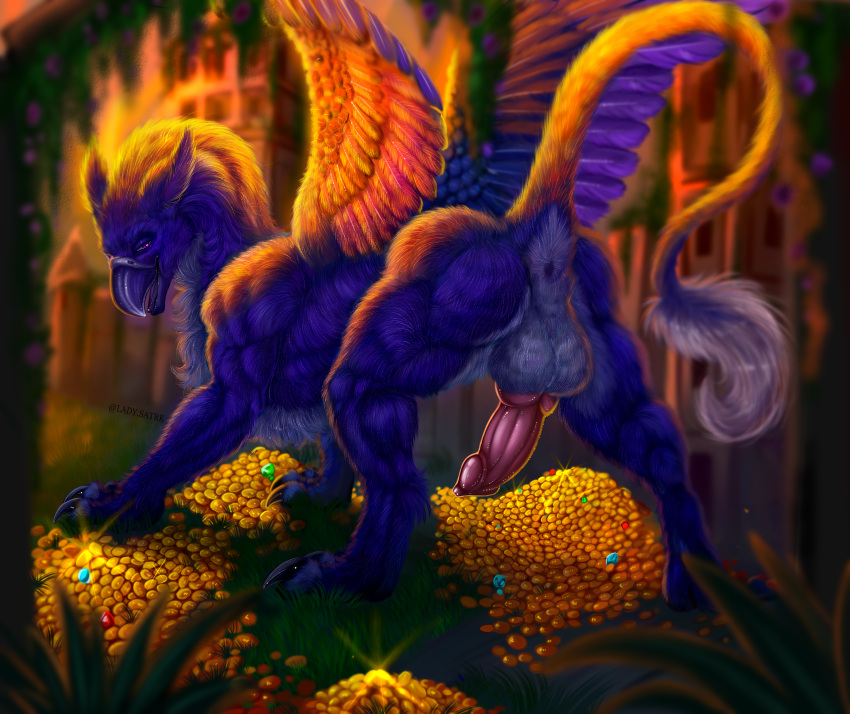 2022 absurd_res anus artist_request ass avian balls beak blue_body blue_feathers blue_fur castle claws coin detailed_background erection feathered_wings feathers felixgryphon feral fur gem genitals gold_(metal) gold_coin grass gryphon hi_res knot ladystark looking_at_viewer looking_back looking_back_at_viewer male muscular muscular_feral muscular_male mythological_avian mythology open_mouth outside penis pink_penis plant presenting presenting_penis purple_body purple_eyes purple_feathers solo tail tail_tuft toe_claws treasure_hoard tuft wings