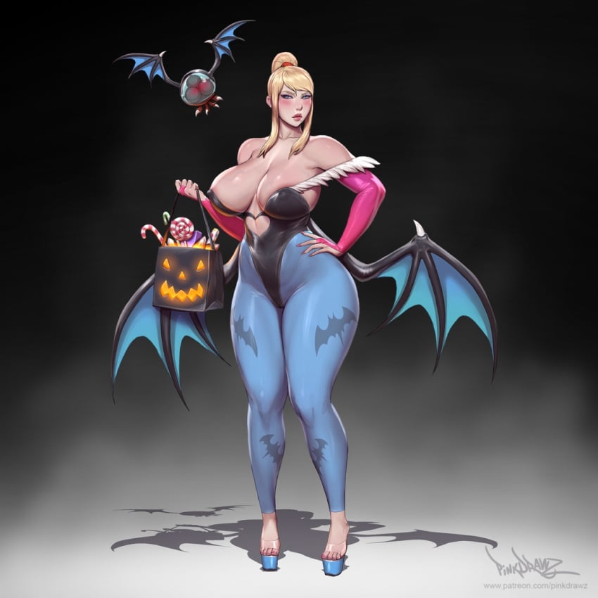 arm_length_gloves beauty_mark big_breasts bimbo black_background black_wings blonde_female blonde_hair blue_eyes blue_wings blush blush_lines candy candy_cane capcom clear_strap_heels clothing cosplay darkstalkers demon_wings devil_wings eyeshadow fog foot_fetish glossy_lips gloves gradient_background hair_tied halloween hand_on_hip high_heel_sandals high_heels holding_bag holidays hourglass_figure inner_sideboob jack-o'-lantern large_breasts leather leather_gloves light-skinned_female lipstick lollipop mascara massive_breasts metroid metroid_(creature) mole mole_under_mouth morrigan_aensland morrigan_aensland_(cosplay) nintendo painted_nails painted_toenails patreon_username perky_breasts perky_nipples pink_fingernails pink_toenails pinkdrawz ponytail pumpkin purple_eyeshadow red_hair_tie samus_aran seductive seductive_look shadow shiny_clothes shiny_skin sweets thick thick_ass thick_breasts thick_lips thick_thighs thin_eyebrows thunder_thighs tight_clothing tight_fit tights trick_or_treat vein veiny_breasts voluptuous voluptuous_female watermark wings