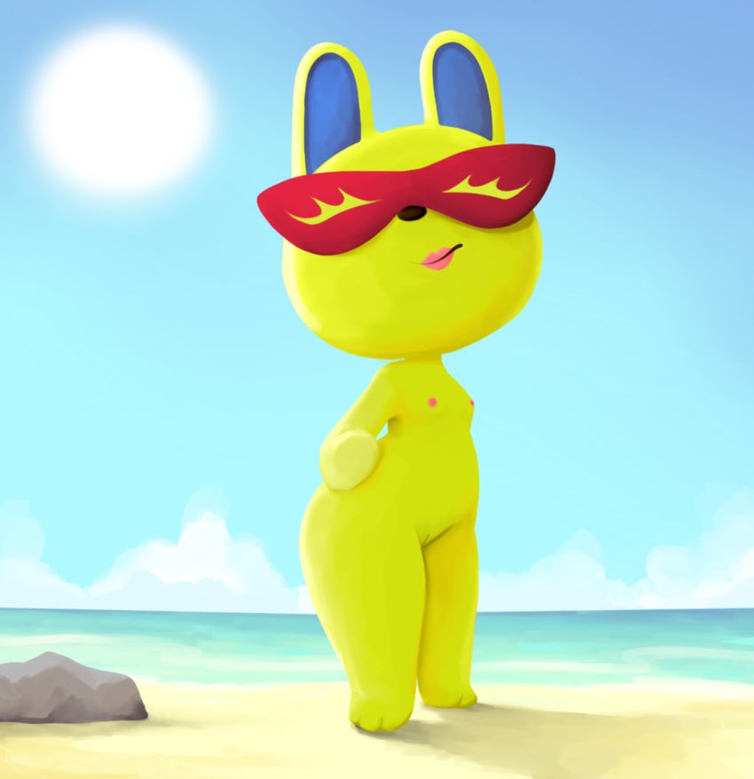 2023 3_toes animal_crossing anthro areola beach biped black_nose blue_ears breasts bright captain_slow closed_eyes clothing cloud colored detailed detailed_background eyelashes eyewear eyewear_on_head feet female fur genitals hand_on_hip lagomorph leporid light lineless lips mammal mira_(animal_crossing) mouth_closed nintendo nipples nude outdoor_nudity pink_lips pose pussy rabbit red_nipples rock sand scenery seaside small_breasts smile solo standing sun sunlight swimwear toes water wide_hips yellow_body yellow_eyelashes yellow_fur