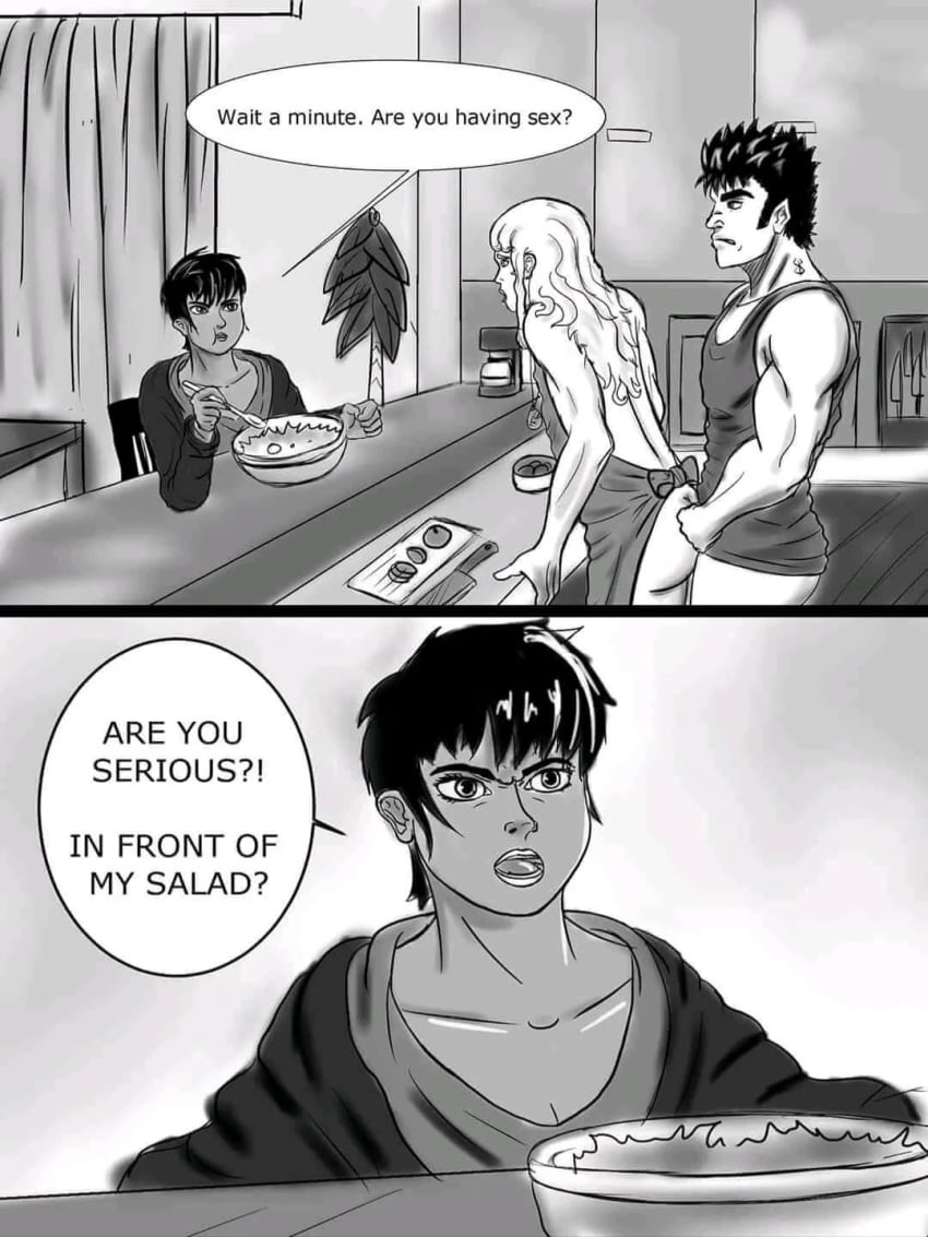 1girls 2boys 2boys1girl angry berserk black_hair bottomless casca cheating cheating_boyfriend cheating_husband cheating_male clothed_female completely_nude_male cucked cuckquean cuckqueaning dialogue female female_humiliation gay gay_sex greyscale griffith guts_(berserk) human interrupted long_hair male meme monochrome muscular_male netorare ntr nude nude_male parody right_in_front_of_my_salad right_in_front_of_my_salad?_(meme) salad sex short_hair white_hair yaoi