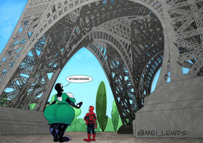 1boy 1girls ameizing_lewds architecture barefoot big_ass big_butt bubble_ass bubble_butt day daytime dialogue eiffel_tower english_text france from_behind full_body genderswap_(mtf) green_dress hands_on_hips huge_ass huge_breasts huge_butt husband_and_wife lies married_couple marvel marvel_comics outdoors paris peter_parker she-venom she-venom_(ameizing_lewds) speech_bubble spider-man spider-man_(series) stonehenge tourist tree venom venom_(marvel)