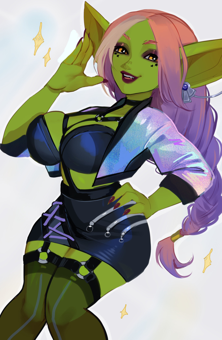 1girls absurd_res clothing female female_only garter_straps goblin goblin_female gobtober gobtober_2023 green_skin hand_on_hip knees_together_feet_apart long_hair looking_at_viewer maewix1 pink_hair pointy_ears purple_hair sharp_fingernails smiling smiling_at_viewer solo stockings thighhighs tied_hair two_tone_hair yellow_eyes