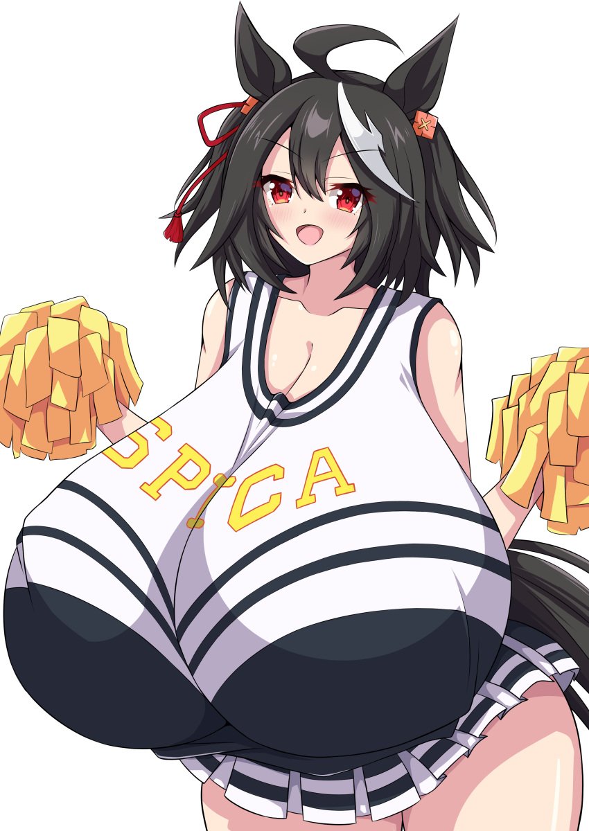 1girls ahoge animal_ears black_hair breasts_bigger_than_head cheerleader cleavage collarbone enormous_breasts eyebrows_visible_through_hair female hair_ornament holding_object horse_ears hyper hyper_breasts kitasan_black_(umamusume) light-skinned_female light_skin light_xion looking_at_viewer medium_hair open_mouth pointy_ears pom_poms red_eyes simple_background skirt sleeveless smile solo sportswear standing straight_hair tagme text thick_thighs tongue umamusume umamusume_pretty_derby white_background