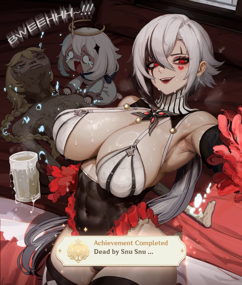 1boy 2girls abs absurdres achievement_unlocked aether_(genshin_impact) alternate_breast_size arlecchino_(genshin_impact) armpits black_hair blonde_hair braid braided_ponytail breasts cleavage clown clown_girl crying crying_with_eyes_open death_by_snoo_snoo death_by_snu_snu frown gameplay_mechanics genshin_impact guy_tired_after_sex_(meme) highres jester kinohara_kossuta kneeling large_breasts long_hair long_sleeves lying medium_hair meme meme_reference mexico_alien multicolored_hair multiple_girls on_back open_mouth paimon_(genshin_impact) red_eyes robe selfie smile sweat tears toned_female twitter white_hair white_robe