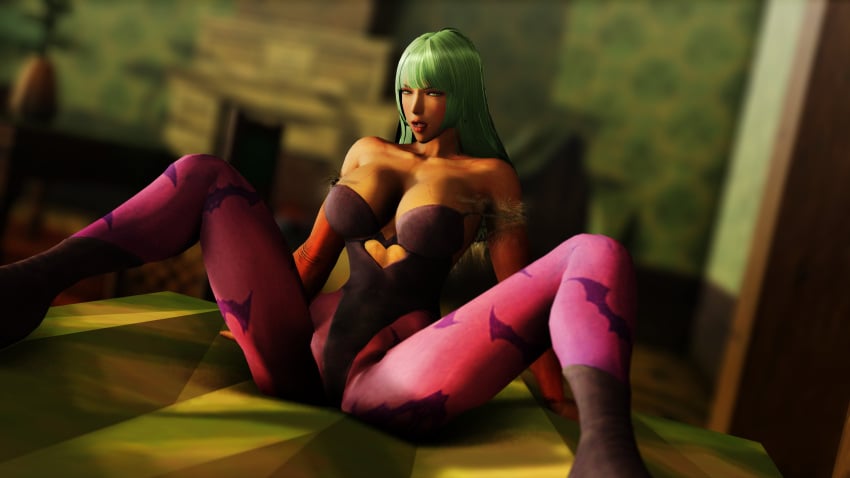 1girls 3d arm_support bat_wings big_breasts breast_veins busty capcom cleavage clothing darkstalkers green_eyes green_hair hi_res large_breasts leotard long_hair looking_at_viewer medium_breasts morrigan_aensland open_mouth sitting spread_legs succubus virtualblueam2