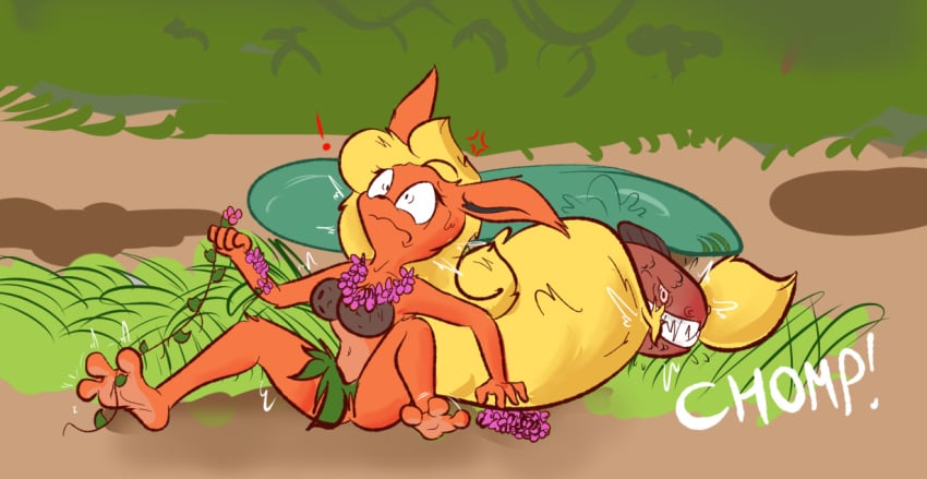 anthro attack beach bite coconut_bra eeveelution female fish flareon furry grass_skirt injury pokémon_(species) pokemon robbleu tagme tribal wardrobe_malfunction