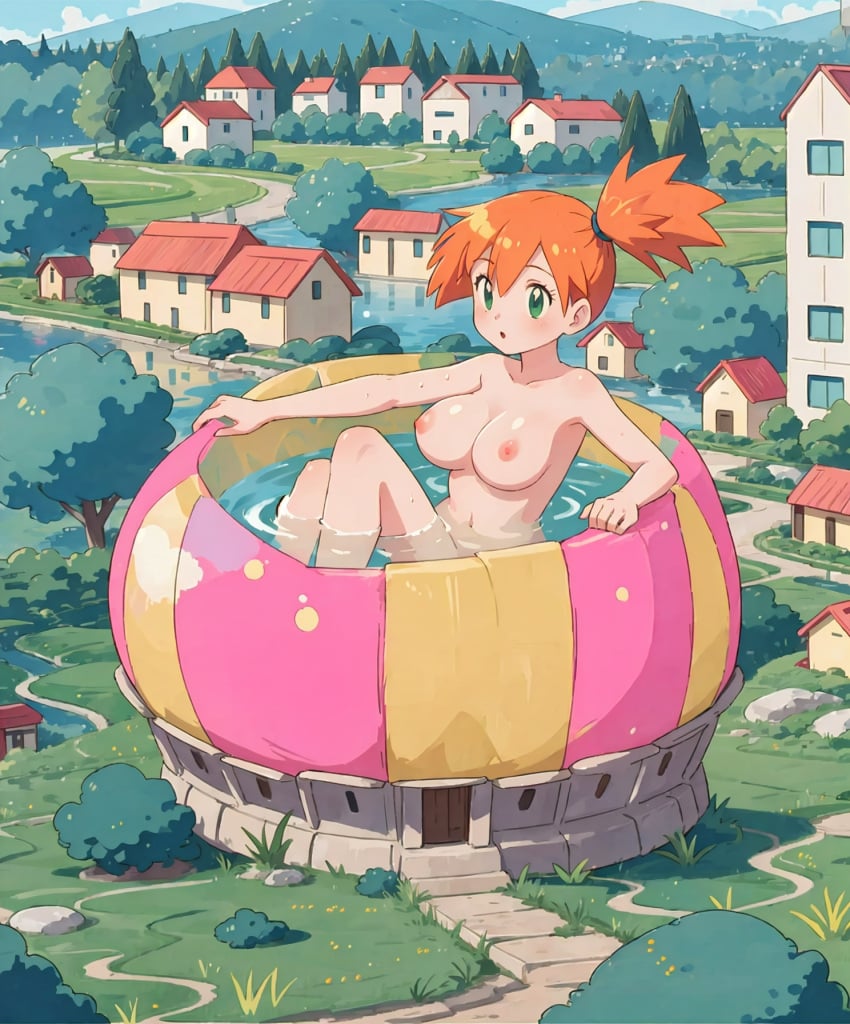 1girls aerial_view ai_generated bangs bath bathing bathtub big_breasts big_breasts blush blush blushed breasts breasts building bush cerulean_city city city_background cityscape collarbone day eyelashes female female female_focus female_only foliage forest giant_female giant_woman giantess girl grass green_eyes gym gym_leader hair_tie houses kasumi_(pokemon) kasumi_(pokemon) knees lake mountain mountains naked nature open_mouth orange_hair outdoors partially_submerged plant pokemon pokemon_gym pokemon_trainer ponytail ripples shiny shiny_hair shiny_skin side_ponytail sitting sky solo solo_female solo_focus tied_hair top_view tree trees water wet