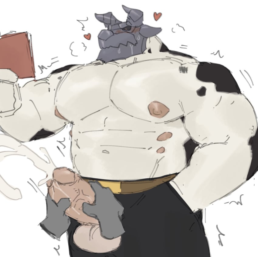 balls bara blush boner bovid bovine bovine cum disembodied_hands erection fairy_tail hand_in_pocket handjob helmet horns huger_smot male male_only muscles muscular orgasm penis shirtless sweat sweating taurus_(fairy_tail) white_fur