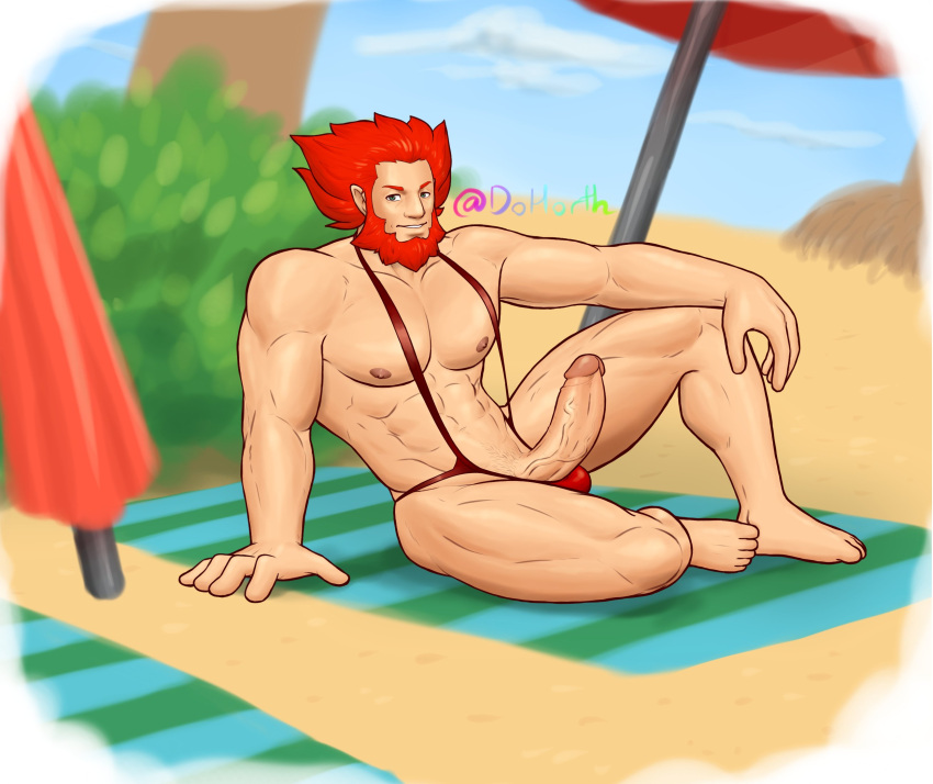 balls bara beach beard boner dohorth erection facial_hair gay lysandre_(pokemon) male male_only nintendo orange_hair penis pokemon solo solo_male