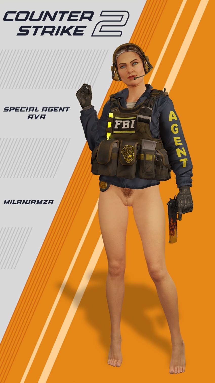 counter-strike:_global_offensive counter-strike_(series) desert_eagle fbi_agent grey_hair holding_weapon milanjamza milf pantless pinup police_uniform policewoman pubic_hair tactical_gear