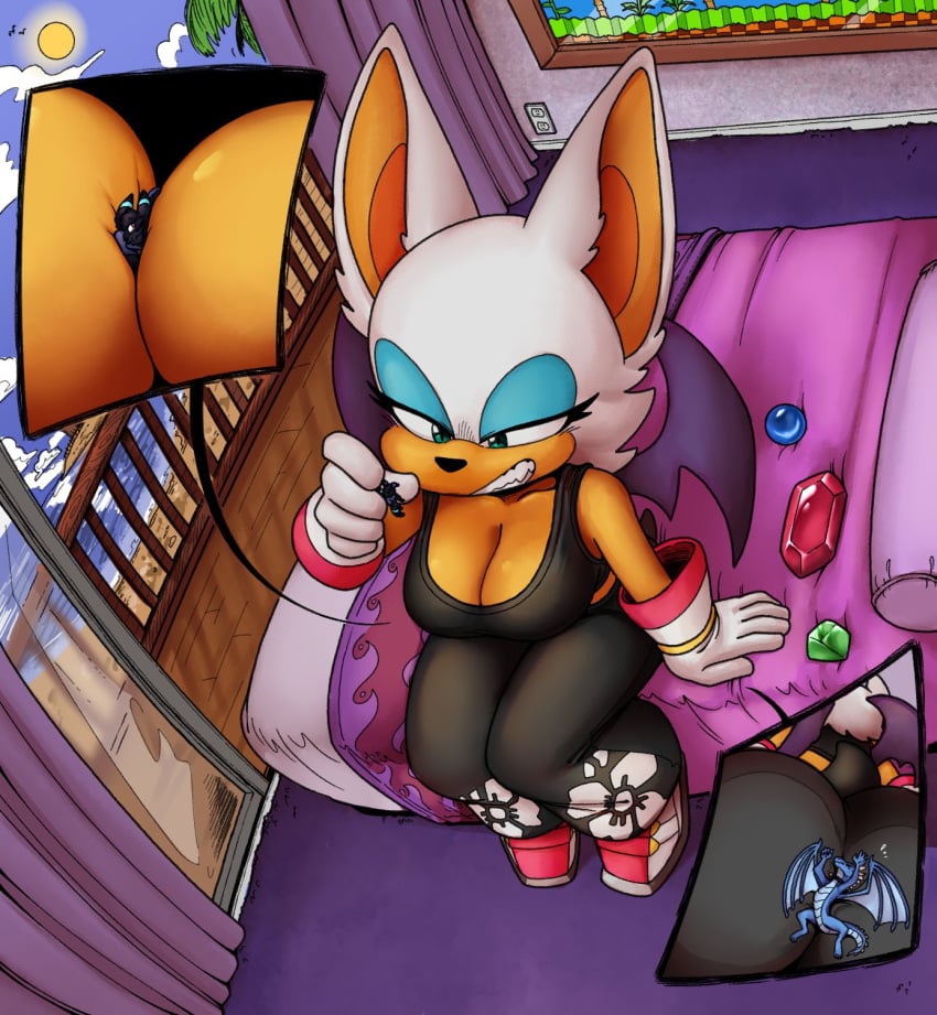 anthro ass bat bat_wings between_breasts black_nose blue_eyeshadow breasts dragon eeveelution emmacat64 eyeshadow fangs female furry gem generation_2_pokemon giantess green_eyes male micro muhny nintendo pokemon pokemon_(species) rouge_the_bat scalie sega shoes sitting size_difference smaller_male sonic_(series) sonic_the_hedgehog_(series) teeth umbreon white_hair wings